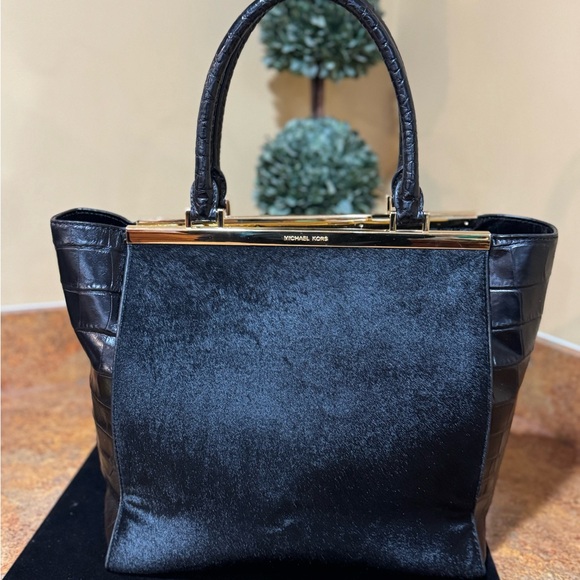 MICHAEL KORS LANA BLACK LEATHER CALF HAIR BLACK CROC ACCENT LARGE TOTE, Vintage - Picture 15 of 15